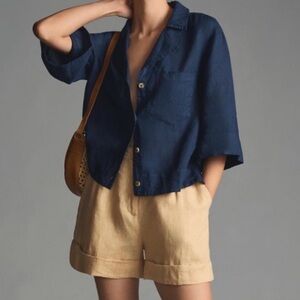 BOGO! NWT Anthropologie Maeve Linen Surf Shirt Navy Blue Size XS